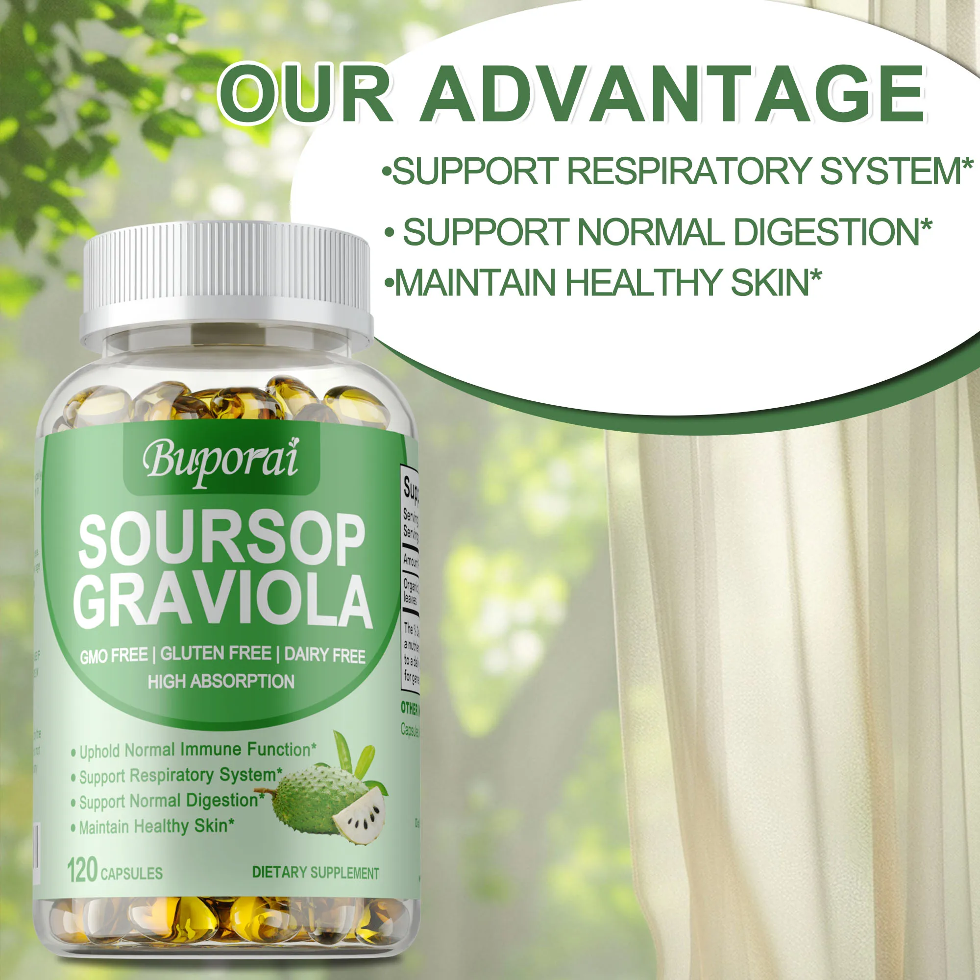 

Капсулы Soursop Graviola — способствует здоровью сотовой связи, повышает иммунитет, снижает стресс и тревогу, настроение, улучшает качество сна