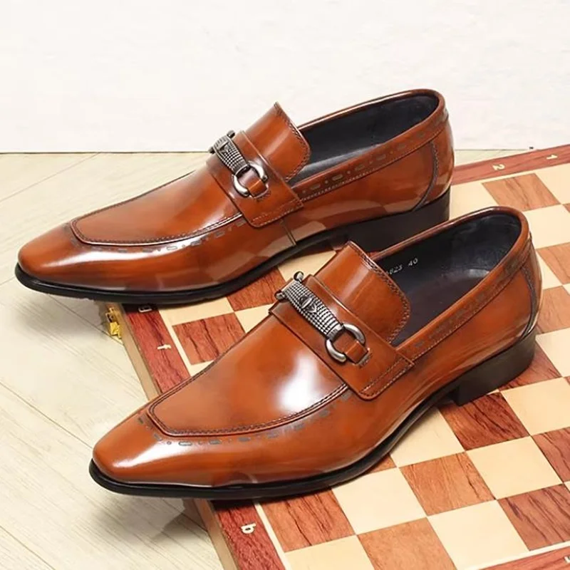 Taste The Standard Leather Shoes For Men With Light Luxury Silver Buckle Pointed Toe Dress Loafers Men Leather Casual Shoes