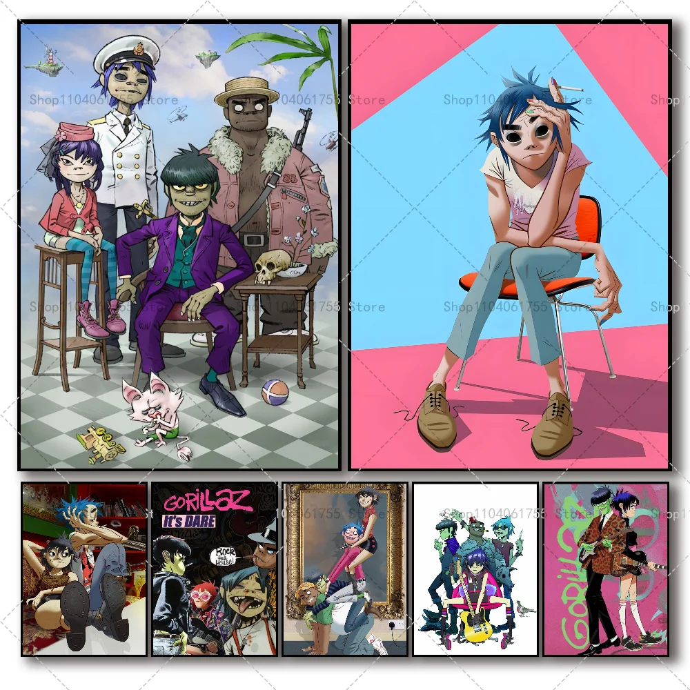 1PC Band Gorillaz Poster Self-adhesive Art Waterproof Paper Sticker Coffee House Bar Room Wall Decor