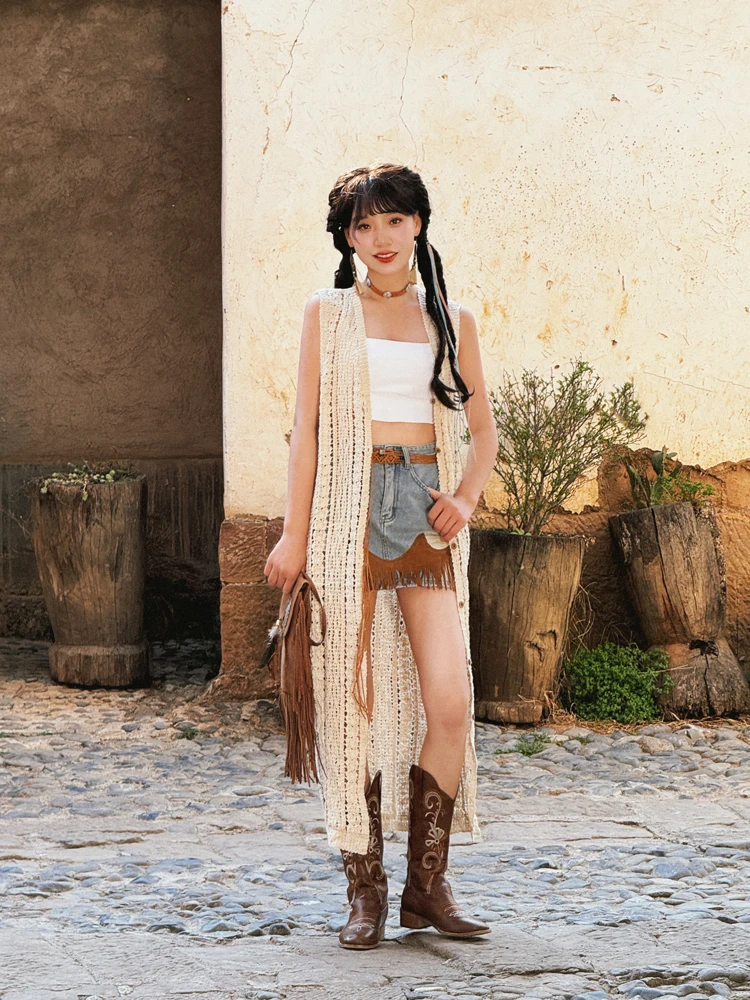 Colete longo de malha vazada Dr Roupas de viagem femininas Soltas V-Ne Camadas Svel Top Cover up Verão Dr