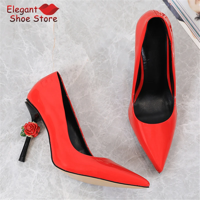 Sexy Pointy Toe 10CM High Heels for Women Sexy Rose Heel Patent Leather Stiletto Pumps Elegant Party Banquet Wedding Dress Shoes