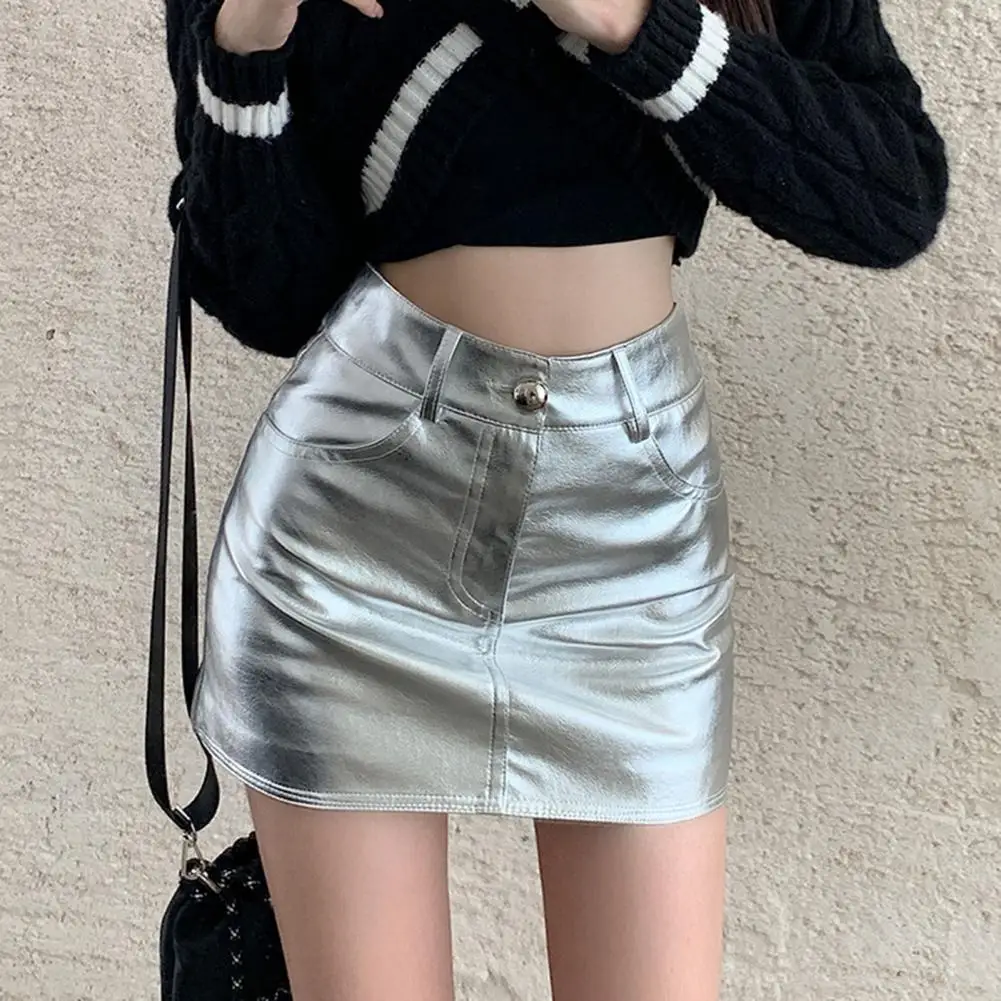 Fashionable High Waist Skirt Glossy High Waist Mini Skirt for Women Button Zipper Fly Design Solid Color Nightclub Skirt Wrapped