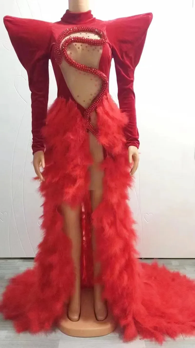 Vestido rojo y negro con diamantes de imitación para mujer, traje de manga larga para espectáculo, ropa de calle elástica, traje de Drag Queen, barclub nocturno