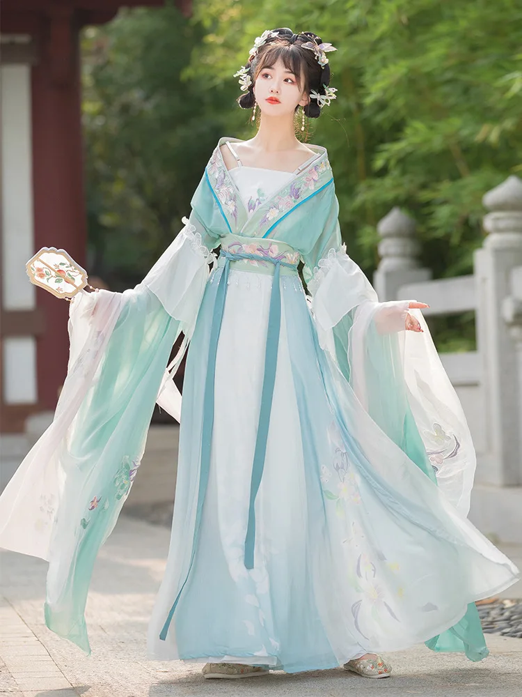 

H05 Hanfu женское Старинное платье Китайская сказочная юбка с большими рукавами и поясом Летний стиль Женский старинный костюм