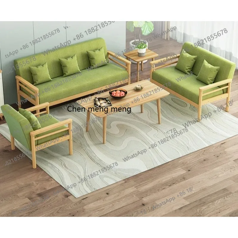 

Modern simple fabric three-person solid wood sofa coffee table combination small apartment rental room living room simple