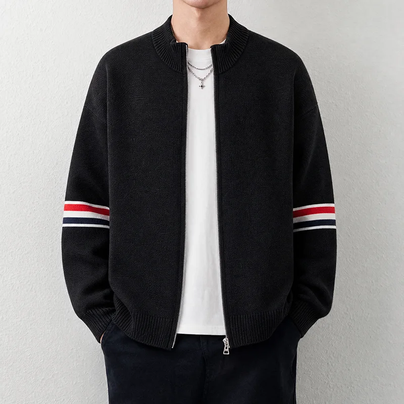 High End Men's Knit Cardigan Fashion Classic Striped Round Neck Design Luxury Brand Autumn Winter New Zipper Casual Sweater Coat