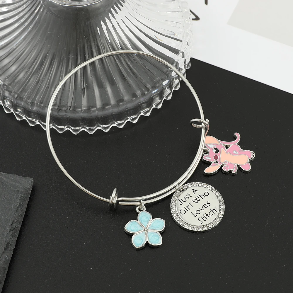 Disney Animated Film Lilo & Stitch Bracelet Cute Pink Stitch Enamel Pendant Bangle Bracelet for Girl Jewelry Accessories Gifts