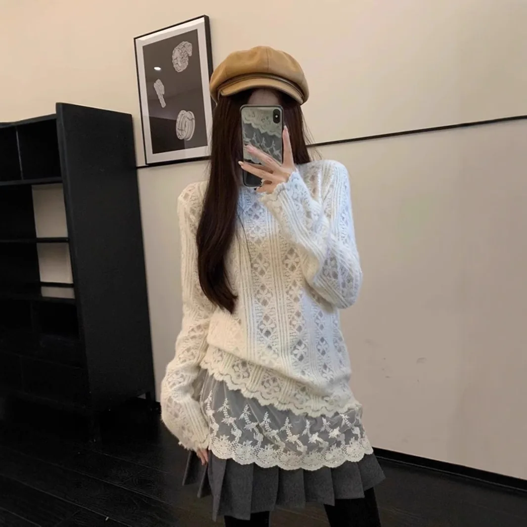 Sweet Youthful White High Neck Lace Trim Vintage Blouse Women Early Spring Long Sleeve Base Shirt Top European And American