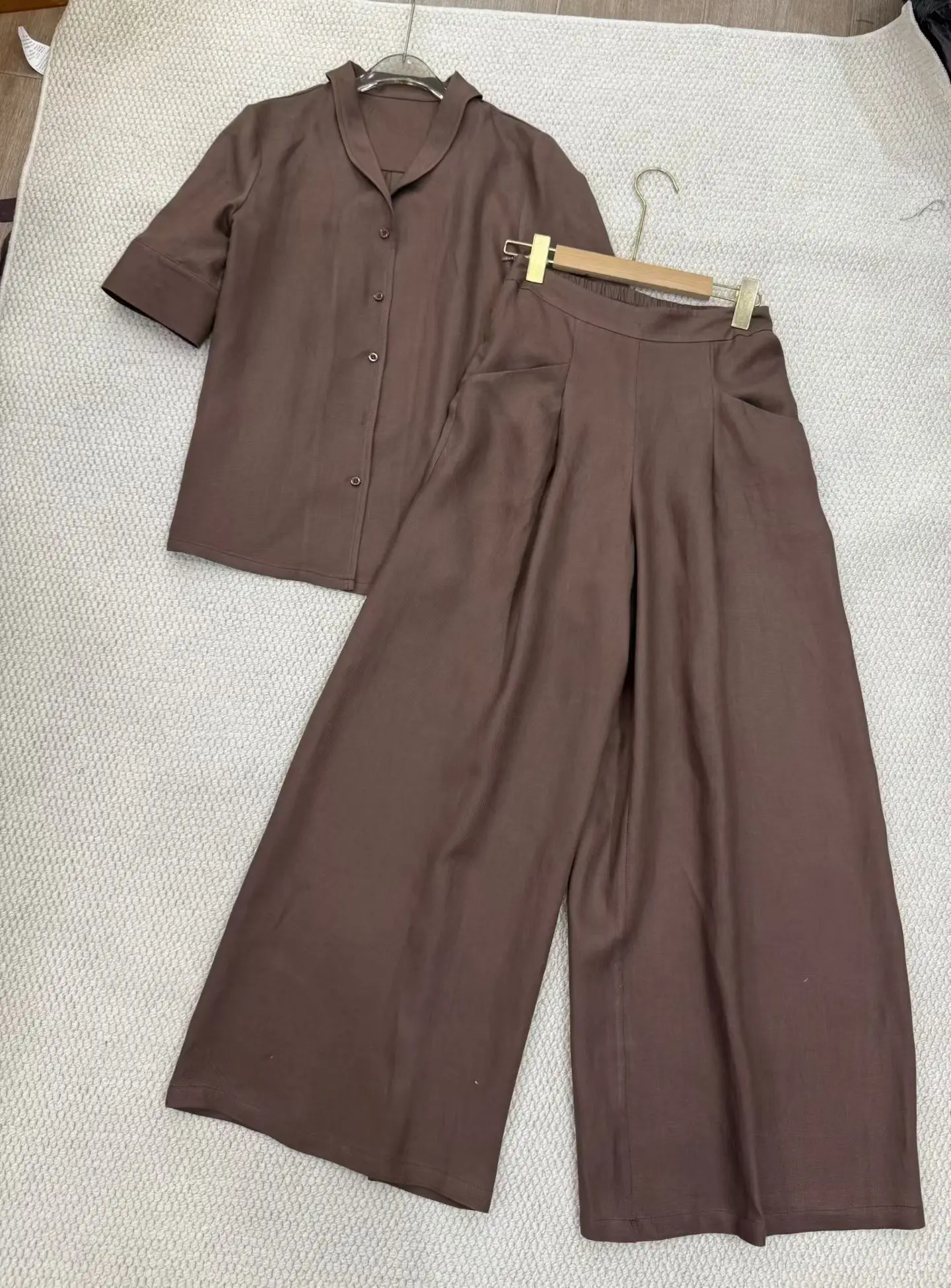 Minimalist Two-Piece Linen Suit Notched Lapel Half Sleeve Blouse + Wide Leg Pants For Women