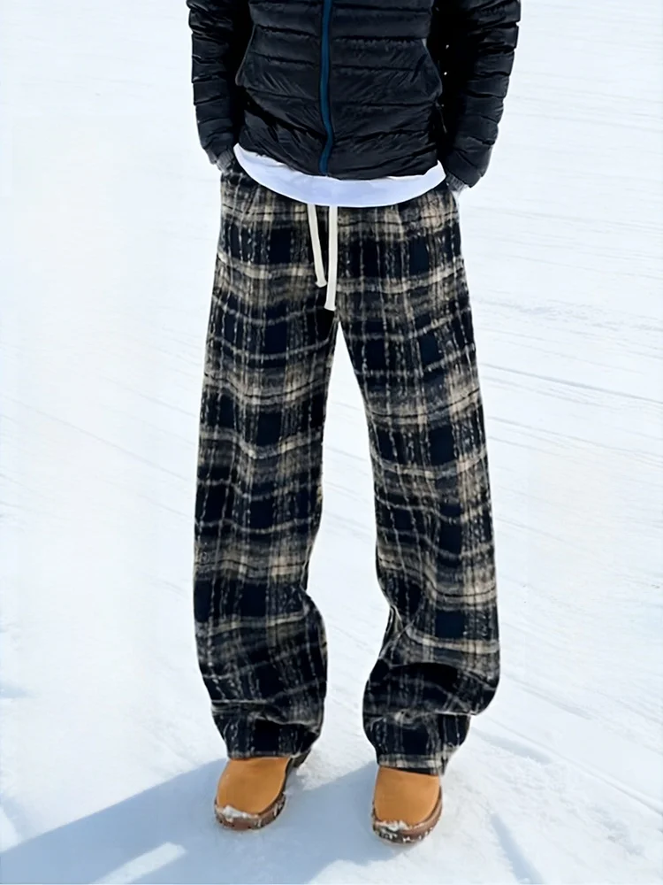 

Утепленные зимние повседневные брюки унисекс: прямые, широкие, шерстяные, в клетку, для активного отдыха, теплые хлопковые штаны