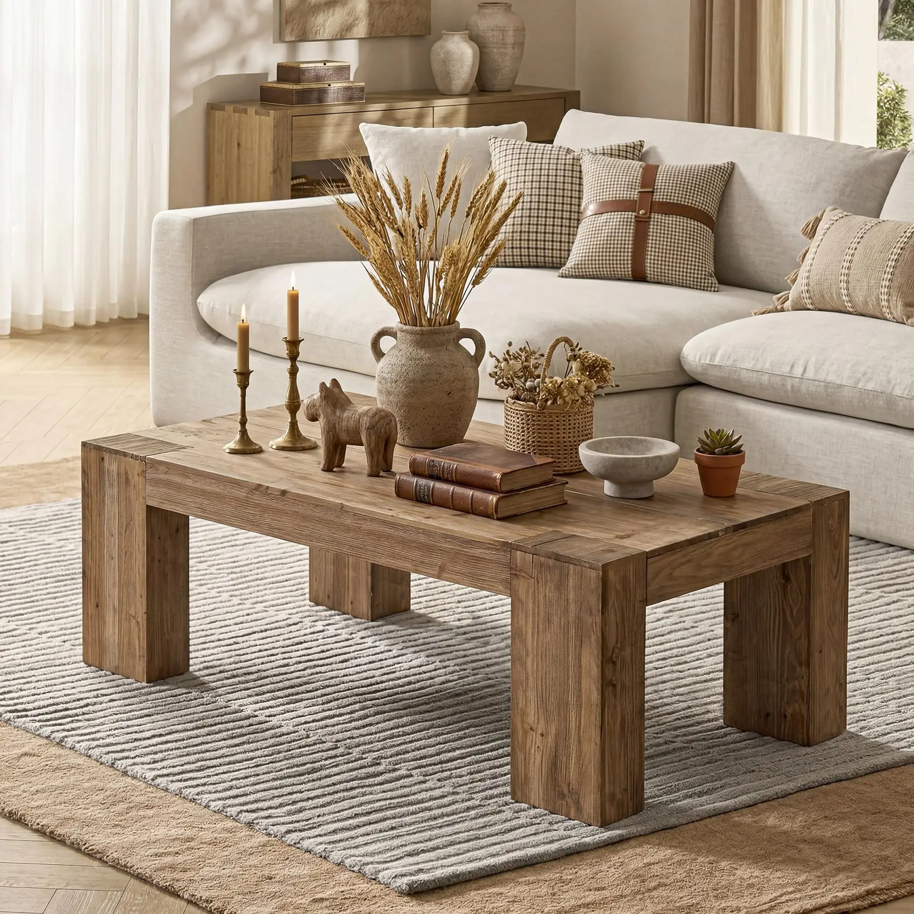 Solid Wood Coffee Table, Modern Farmhouse Wooden Center Table with Heavy-Duty Legs, Rectangle 55.12 Inches Coffee Table