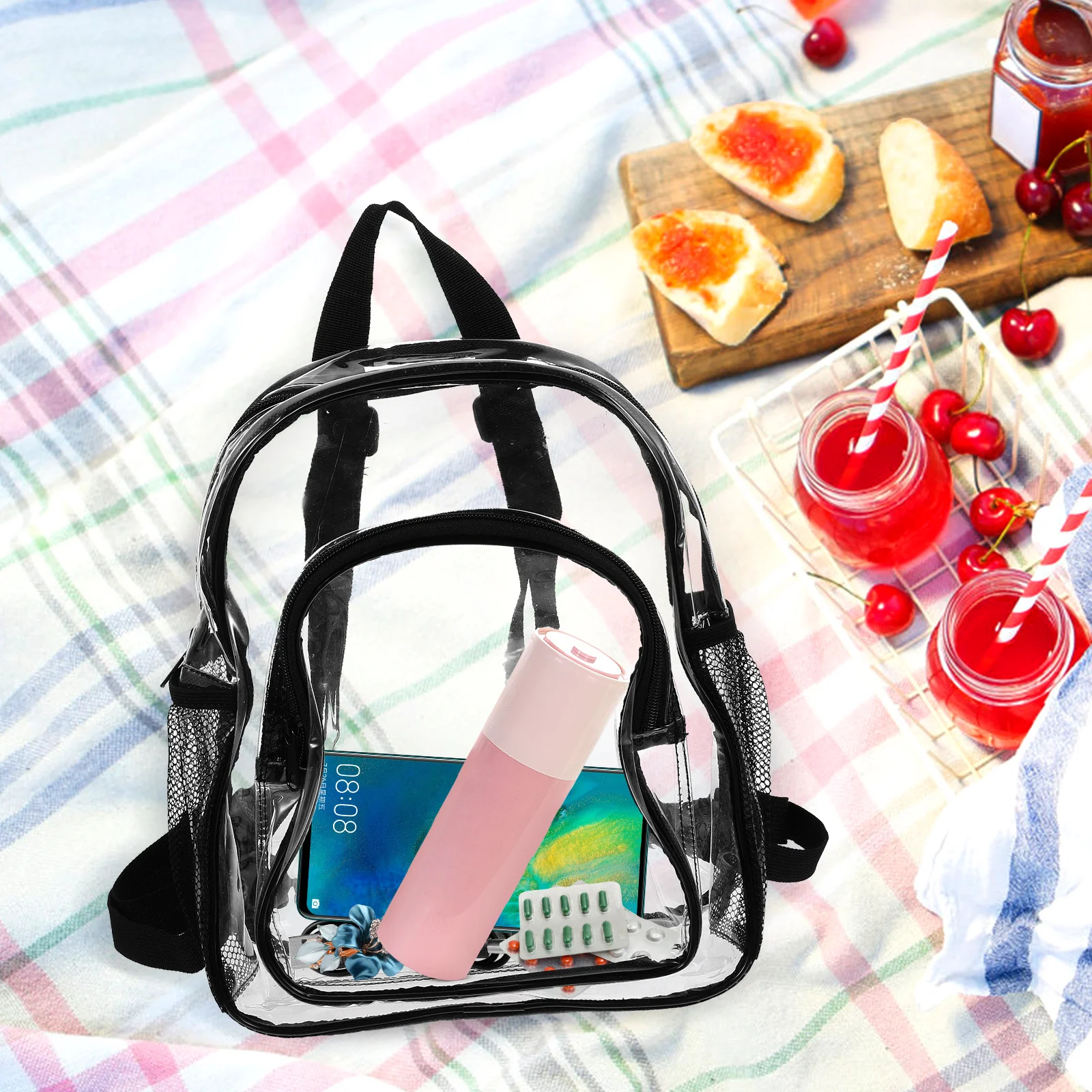 Transparent Backpack Small Cute Clear Rucksack Adjustable Shoulder Strap Lightweight Durable Clear Book Bag for School Travel