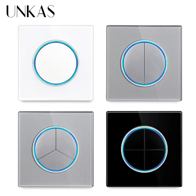 UNKAS Wall Light Switch LED Round Button Push-return 1 2 3 4 Gang Glass And Matt Brushed Aluminum Panel Silver Black Gold