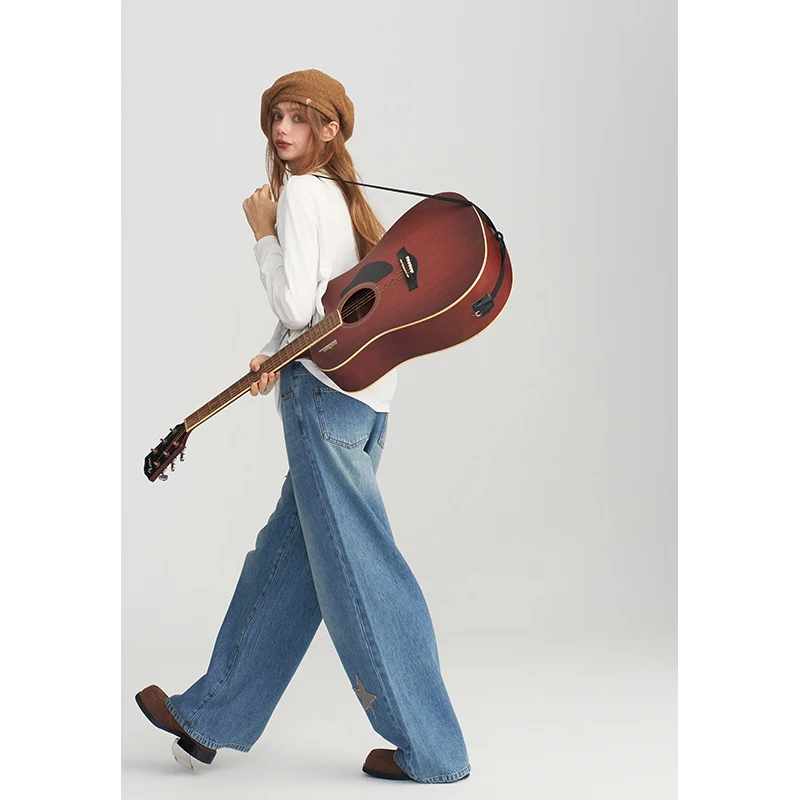 ELFSACK Women Y2K Wide‑Leg Jeans, High‑Waist Denim Pants with Star Patchwork Appliques Daily Outfit