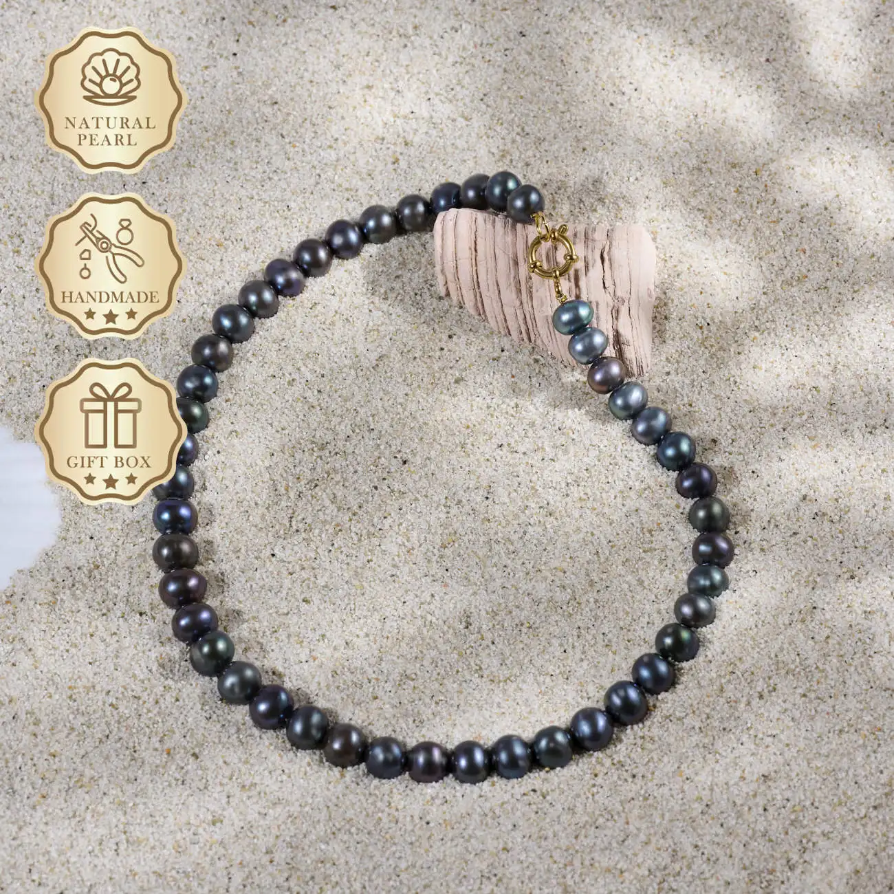

MYSOYA Black Peacock Freshwater Pearl Necklace 8–9mm with Nautical Clasp, Gift Box, Ideal Birthday & Anniversary Gift