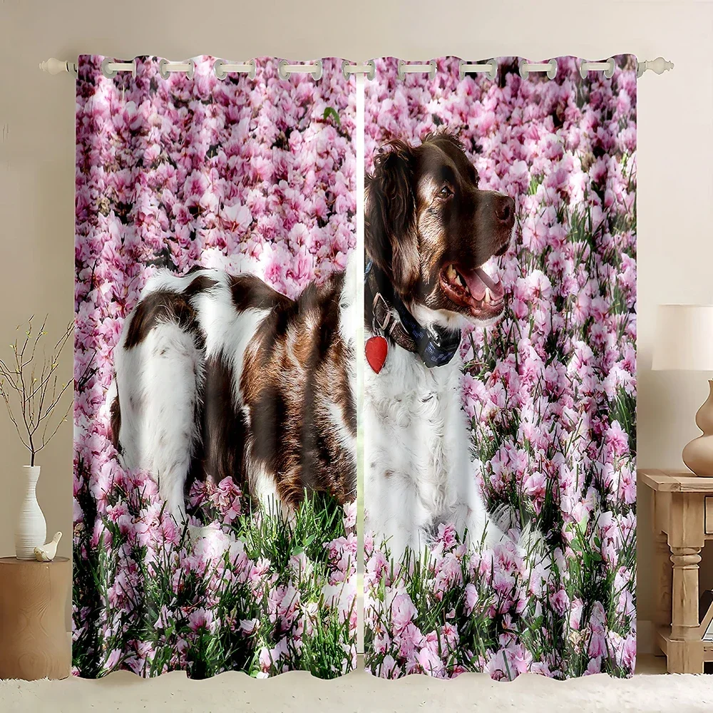 Cute Puppy Dog With Flower Window Blackout Curtains Pet Dog Lover Animal Pattern Design Window Curtains for Bedroom Living Room