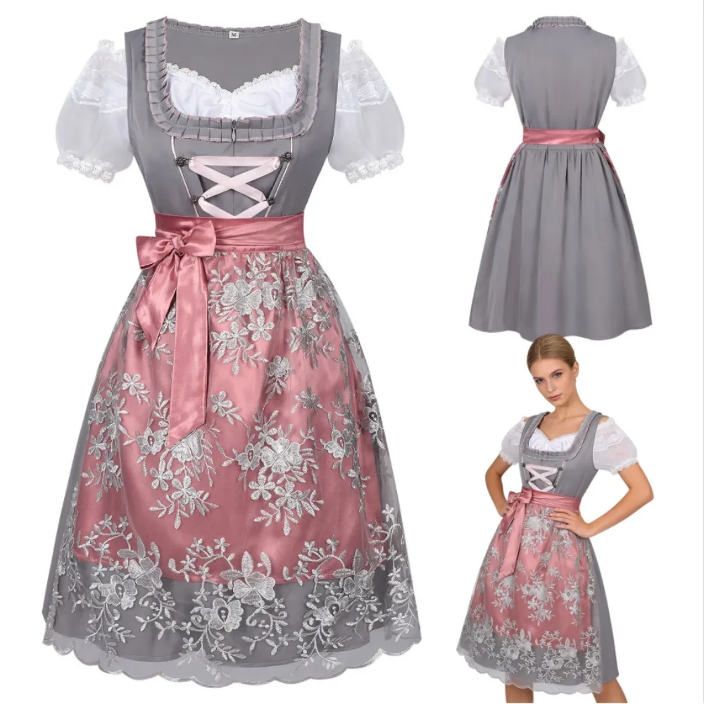 

Women Oktoberfest Maid Costume Vintage Square Neck Short Sleeve Lace-up Dress Halloween Carnival Bar Anime Convention Outfit