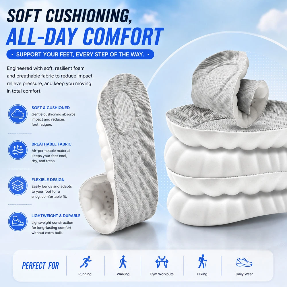 Sports Cushion Insoles Soft Breathable Shock Absorption Running Orthopedic Shoes Comfort Fresh Daily Light Smooth Walk