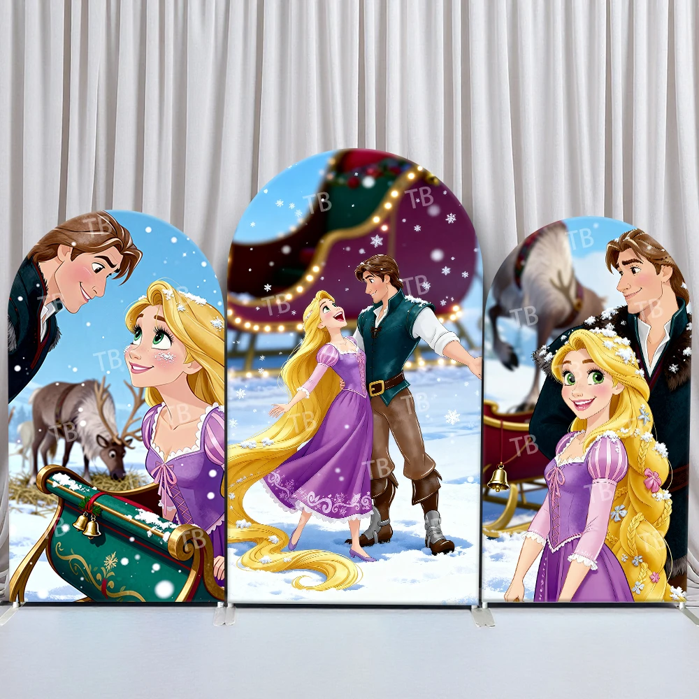 

Tangled Rapunzel & Flynn Rider Arch Backdrop Cover Sled Reindeer Snow Christmas Romantic Photo Booth Props for Wedding Events