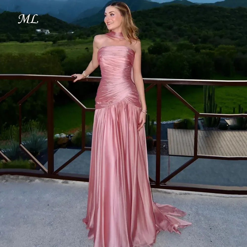 

ML Pink Strapless Pleated Women Evening Dresses Shiny Satin Customized Draped Prom Party Gown Banquet Formal Event Dress 2026
