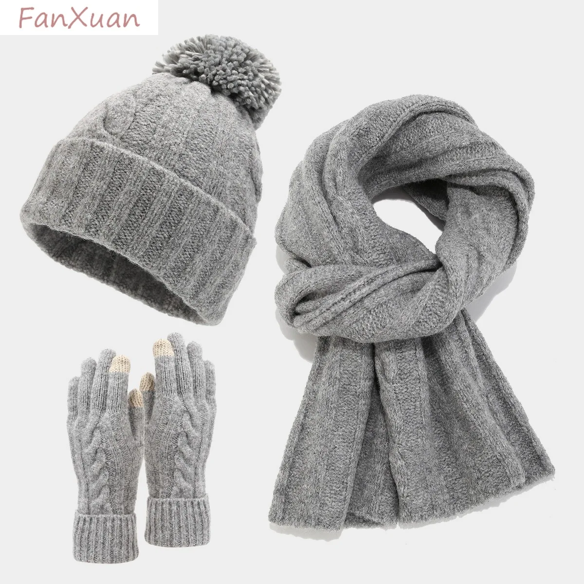 Women Winter Set 3pcs Beanie Gloves long Scarf Twist Knit Winter Cap Set Solid Color Pompom simple warm set black grey red pink