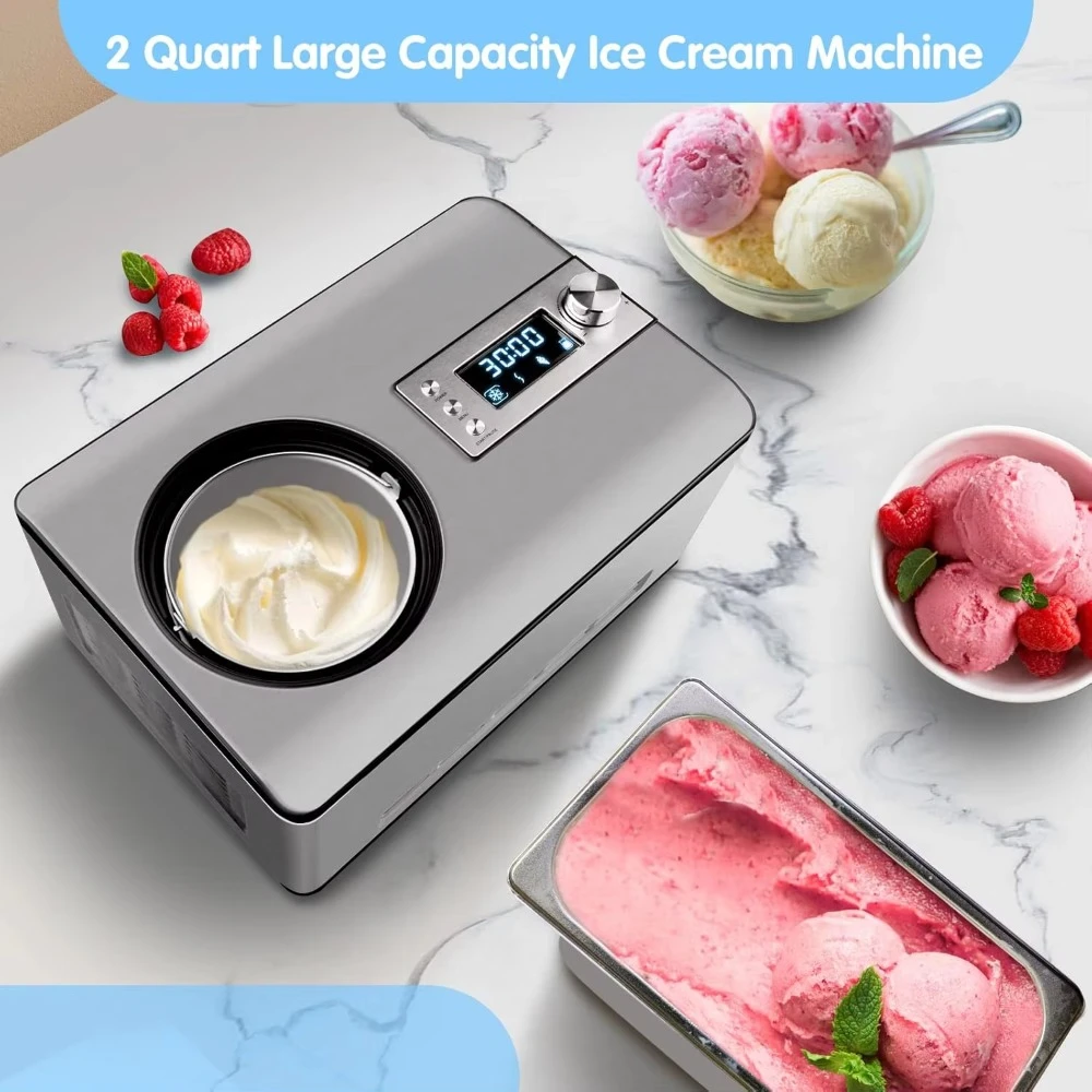 2.2-Quart Ice Cream Maker with Compressor, No Pre-Freezing, Stainless Steel Ice Cream Maker Machine with LCD Display, Timer