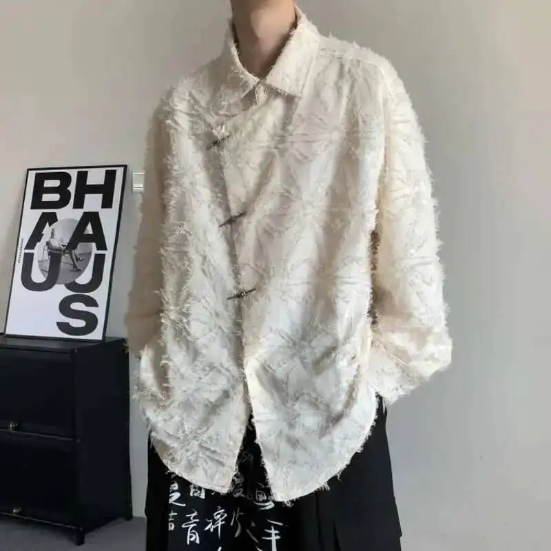 HKSH Men's Tide 2024 Spring New Chinese Chic Vintage Style Shirt Niche Tassels Edge Design Loose Draped Fashion Chic Tops HK0060