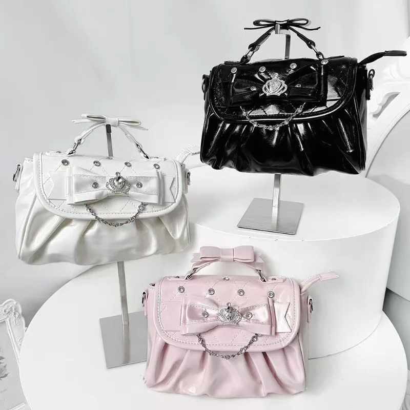 Sweet Lolita Pleated Shoulder Bag for Girl Elegant Pink Bow Rhinestone Underarm Bag Portable Bow Handle Handbag Cute Ita Purse