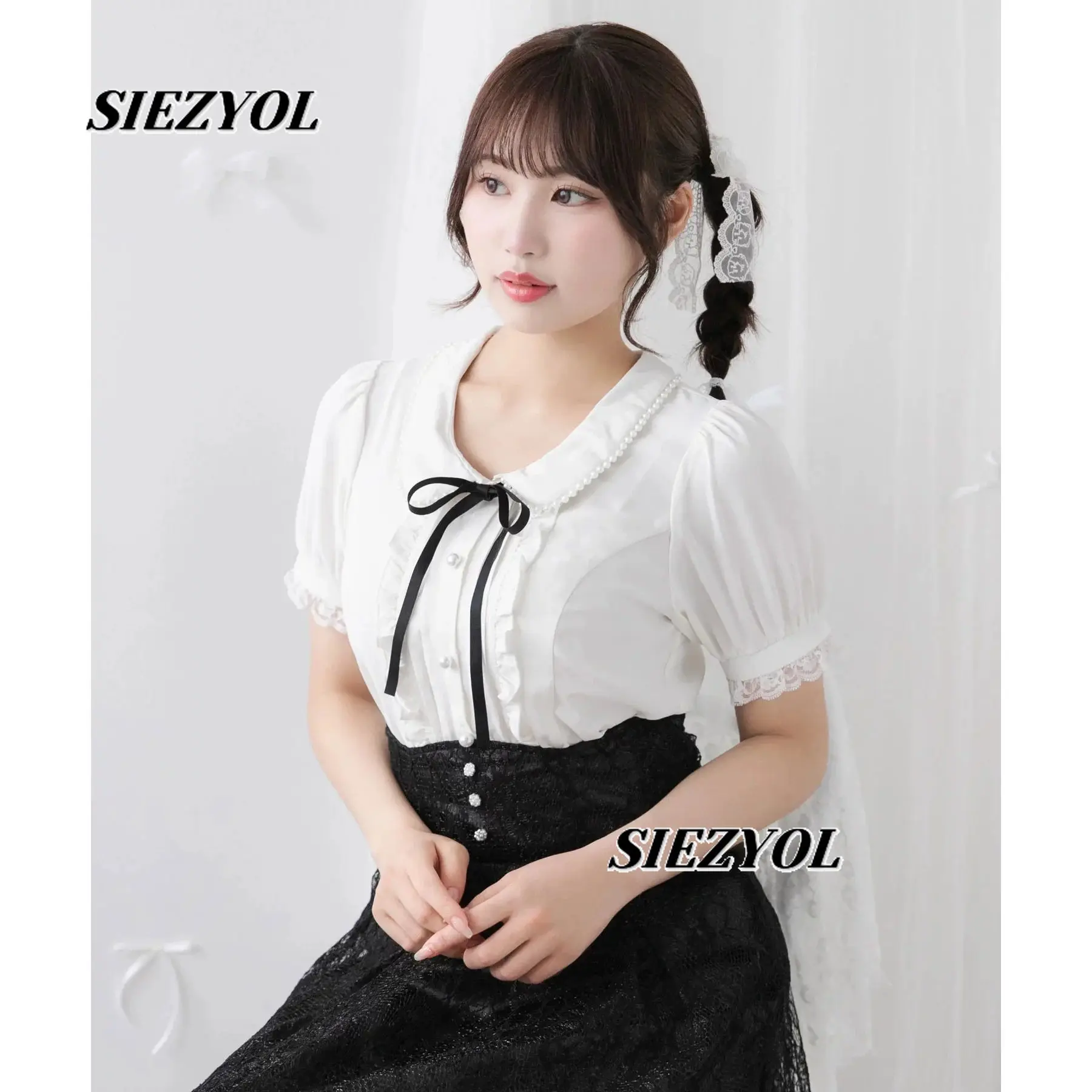 Summer New Japanese Style Sweet Short-sleeved Shirt Fashion Lapel Single-breasted Bow Space-up Short Blouse Cute White Tops