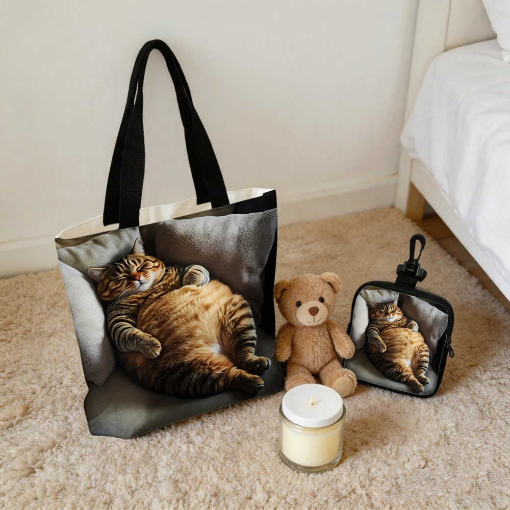 Chonky Tabby Cat Sleeping Print Tote Bag with Matching Coin Purse - Funny Fat Cat Reusable Shopping Bag Set for Cat Lovers
