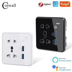 Glass Panel WIFI / ZIGBEE Tuya Universal Socket + Dual USB 18W Fast Charger QC 3.0 DC 5V/9V/12V Output With Touch Main Switch