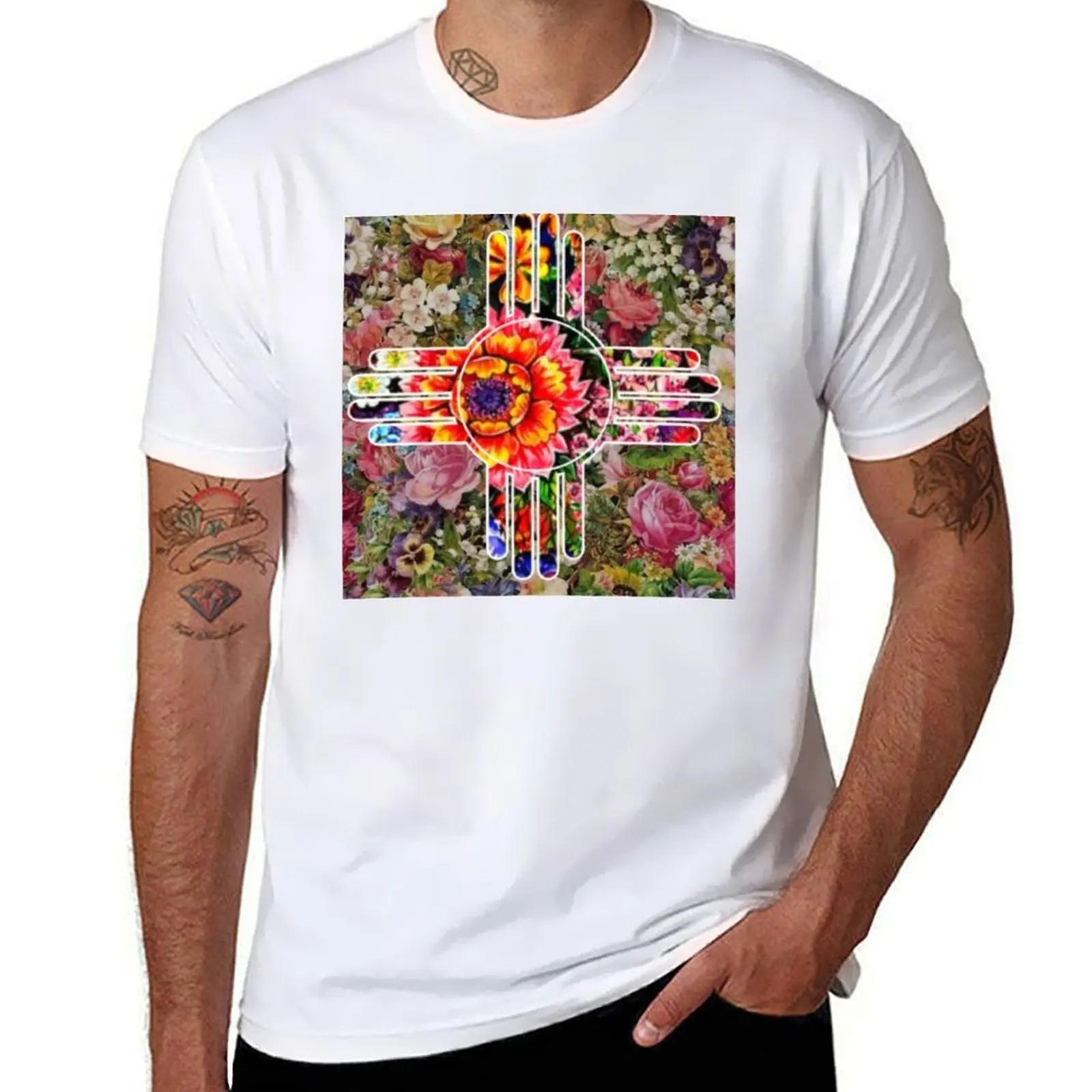 

Zia Symbol flag Floral Gift New Mexico Flowers T-Shirt Relaxed Casual Short Sleeve Tee