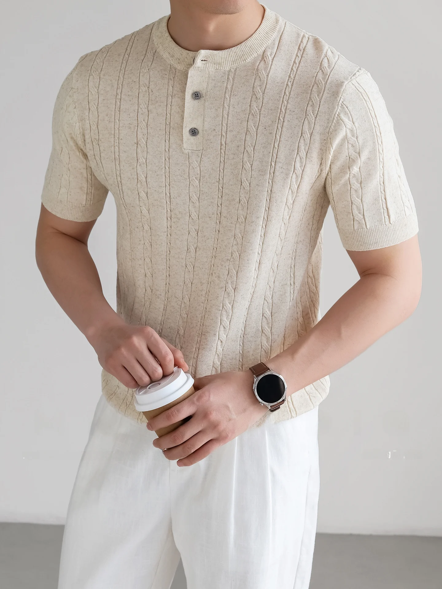 Casual Lin Lyocell Blend Knitted Short Sleeve T-Shirt with Twist Flower Design for Men Breathable And Skin-friendly Summer Top