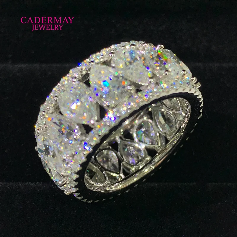 Luxury Jewelry Iced Out 3 Rows Moissanite Ring Band 925 Silver Pear Shape VVS Moissanite Eternity Ring for Men Gift Wedding
