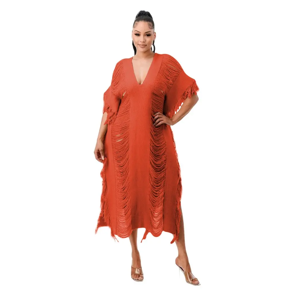 

TS1226 Women's Hand-Knitted Tassel Dress European American Style Fashion Perspective Design New Arrivals