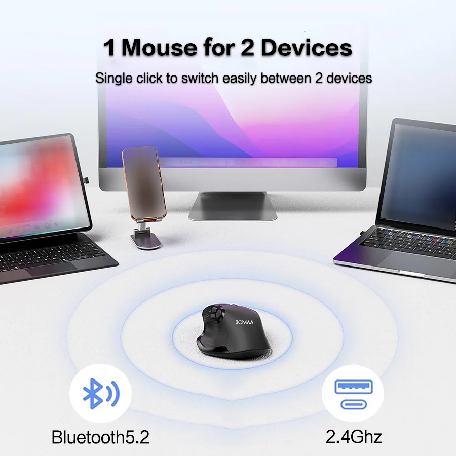 JOMAA Vertical Wireless Mouse Bluetooth 2.4G Dual Mode Rechargeable Programmable 5 Buttons,OLED Display,for Laptop PC