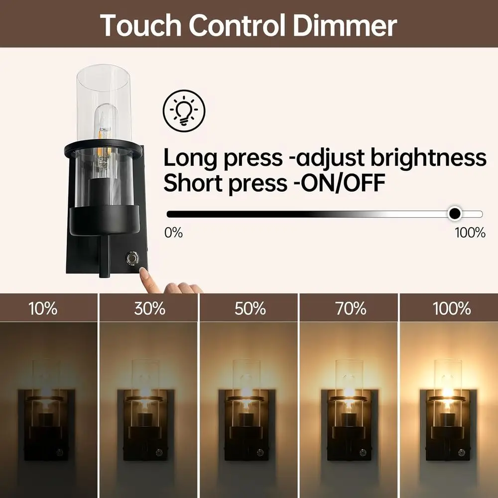 Par de apliques de pared regulables recargables con USB-C, batería de 8000 mAh para iluminación de 60 horas, pantalla de vidrio transparente en negro