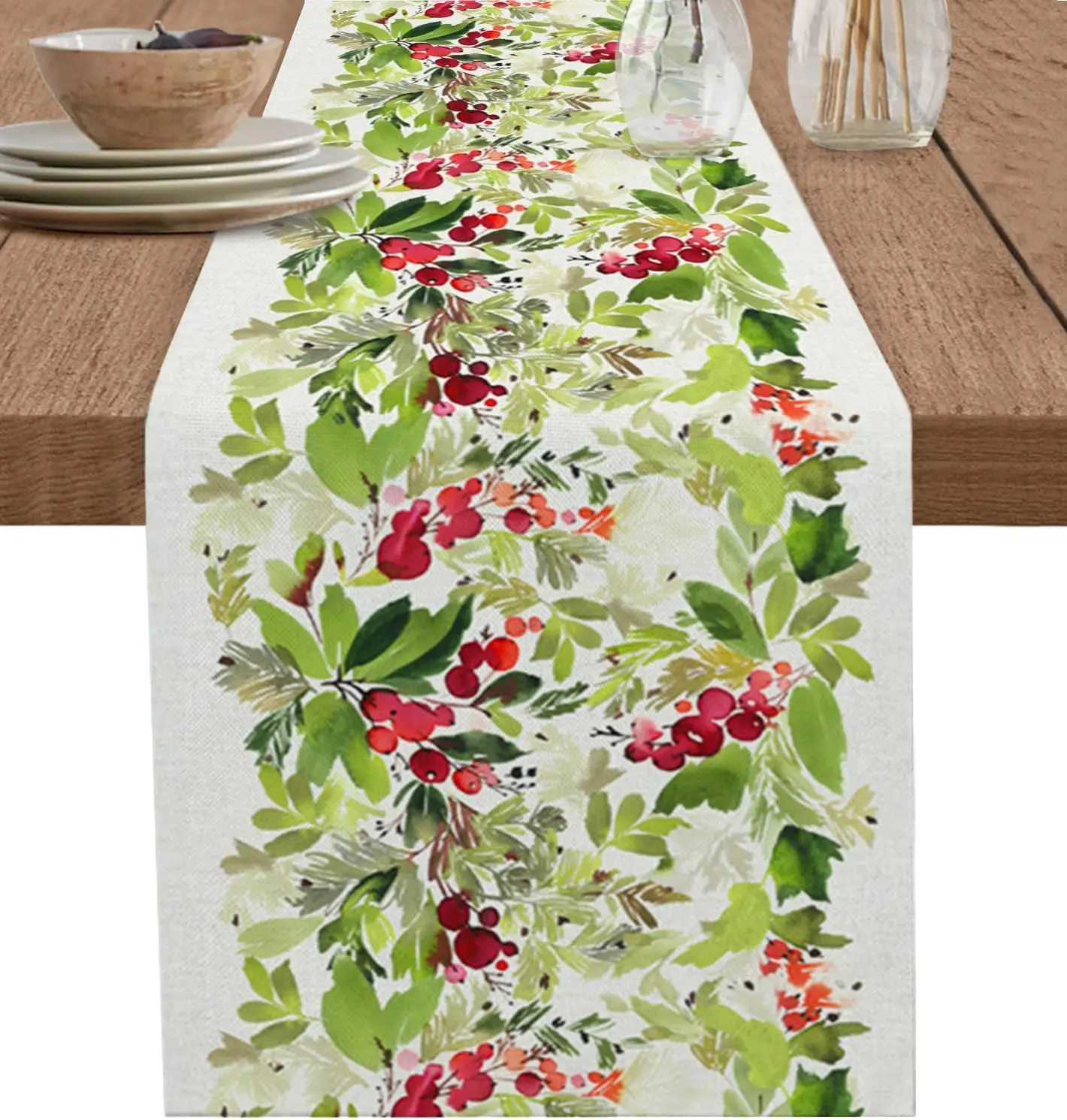 Christmas Pine Needles Berry Linen Table Runner Party Decor Reusable Winter Kitchen Dining Table Runner Christmas Decorations