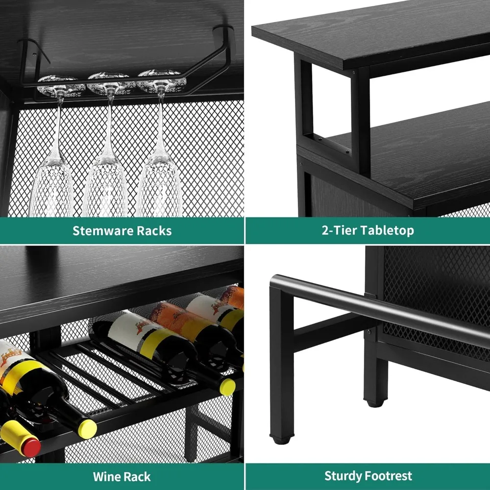 L-shaped Mini Home Bar Counter with Music-sensing LED Lights, Wine Rack, Glass Rack, and Footstool