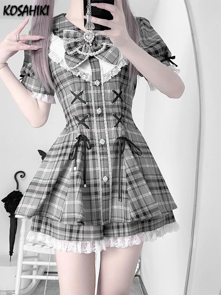 

Japanese Sweet 2 Piece Sets Women Doll Collar Plaid Bandage Mini Dress+ High Waist Lace Patchwork Shorts Y2k Aesthetic Outifits