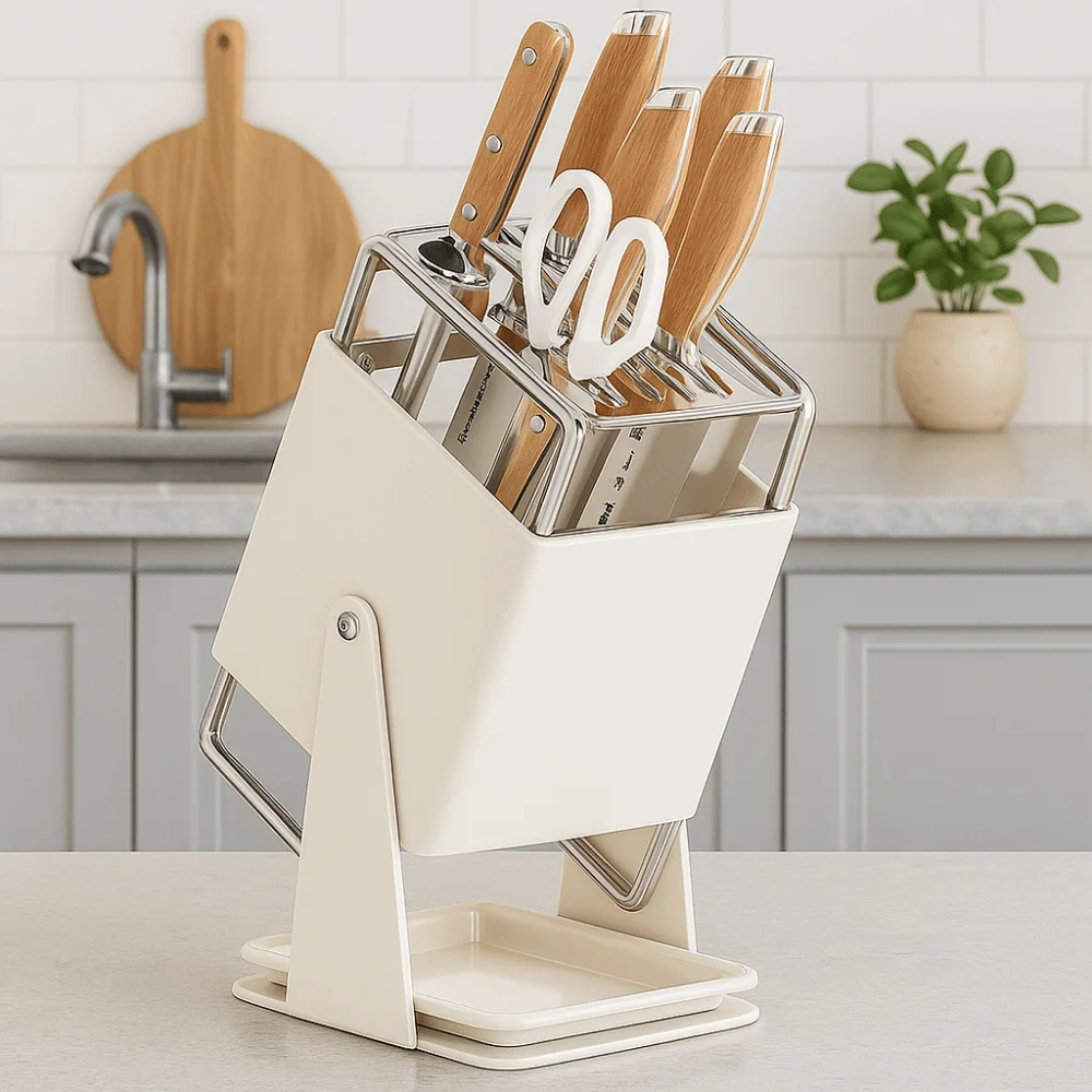 

Stable Stainless Steel Cutter Holder Anti-slip Rotatable Countertop Cutter Holder Space Saving with Water Tray Cutlery Organizer