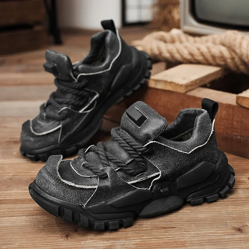 

Fashion Genuine Leather Platform Motorcycle Shoes Black Ankle Casual Chunky Sneakers Upturned Walking Shoes Men's Loafers