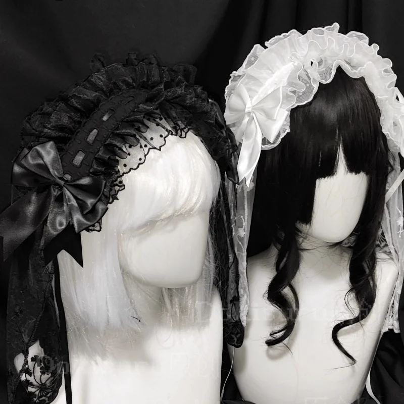 Original Lolita Bridal Veil Versatile Headband Gothic Dark Lace Bow Angel Headpiece Lolita Cosplay Ruffled Hair Accessory