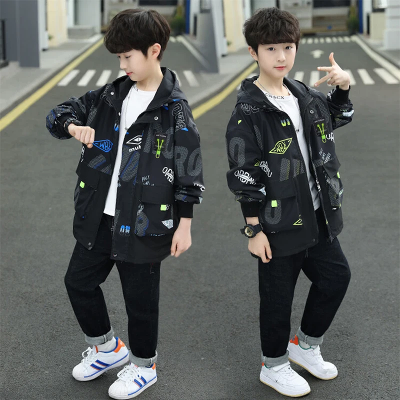 

5-12 Years Boy's Spring Autumn Fashion Windproof Thin Jacket Children's Letter Hooded Zipper Coat Kids Sports Outdoor Outerwear