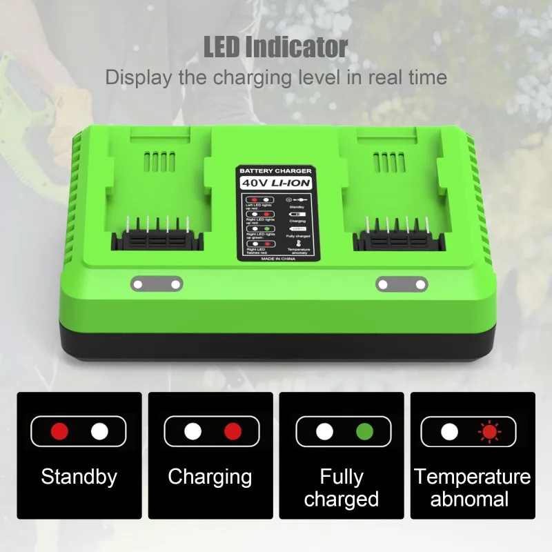 

Lithium Battery Charger Compatible with For Greenworks 40V Lithium Batteries Dual-slot Replacement Charger Portable Fast Charger