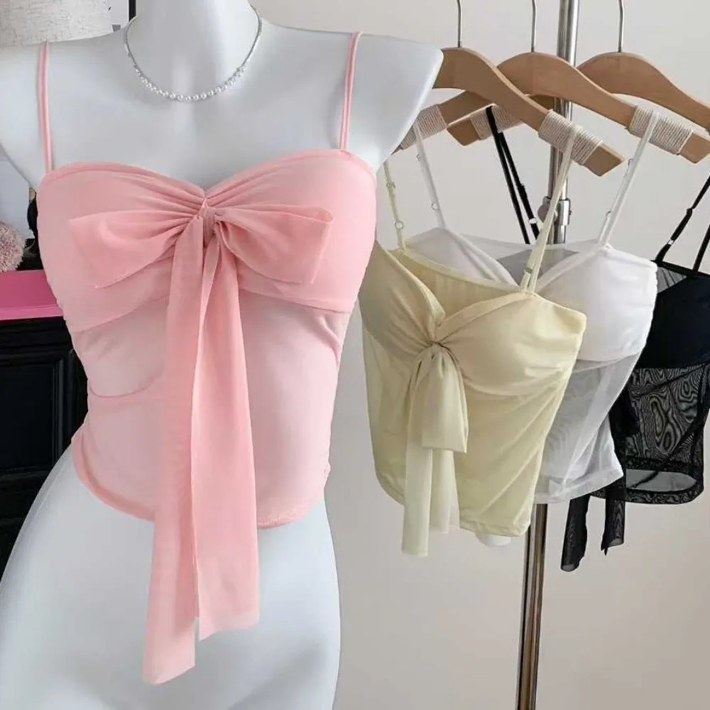 Slim Fit Mesh Laced Up Mesh Camisole Transparent Hollow Girl's Vest Top Streetwear Laced Up Bowknot Camisole with Pads Ladies