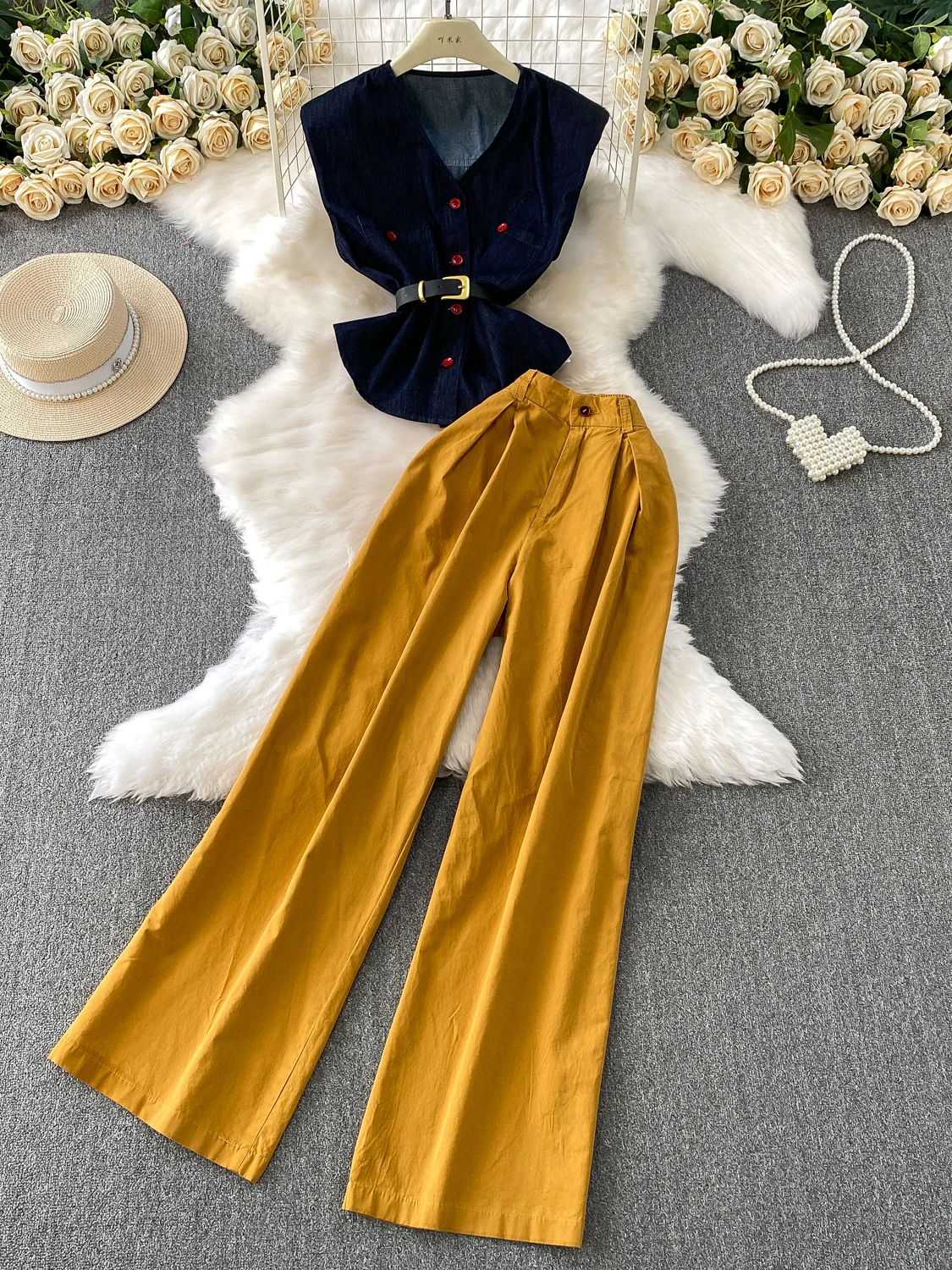 Ele Vintage Svel Jaet High Waist Wide Leg Pants Single Button Suit Two Piece Set for Young Women Summer Faion