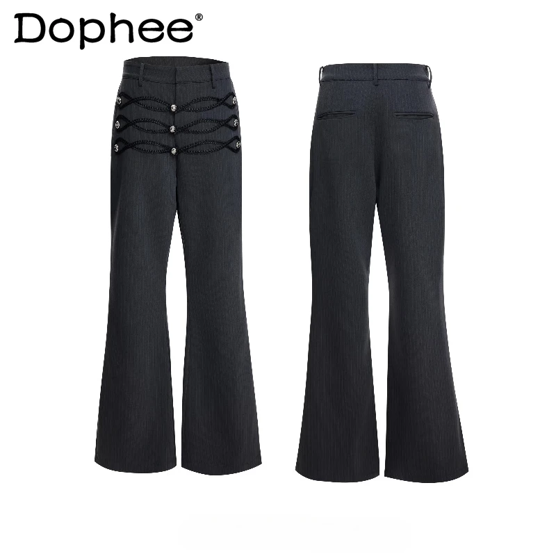 

Men's 2026 Spring New Fashion Metal Button Trousers Loose Comfort Striped Slightly Flared Long Pants Male Handsome Chic Trousers