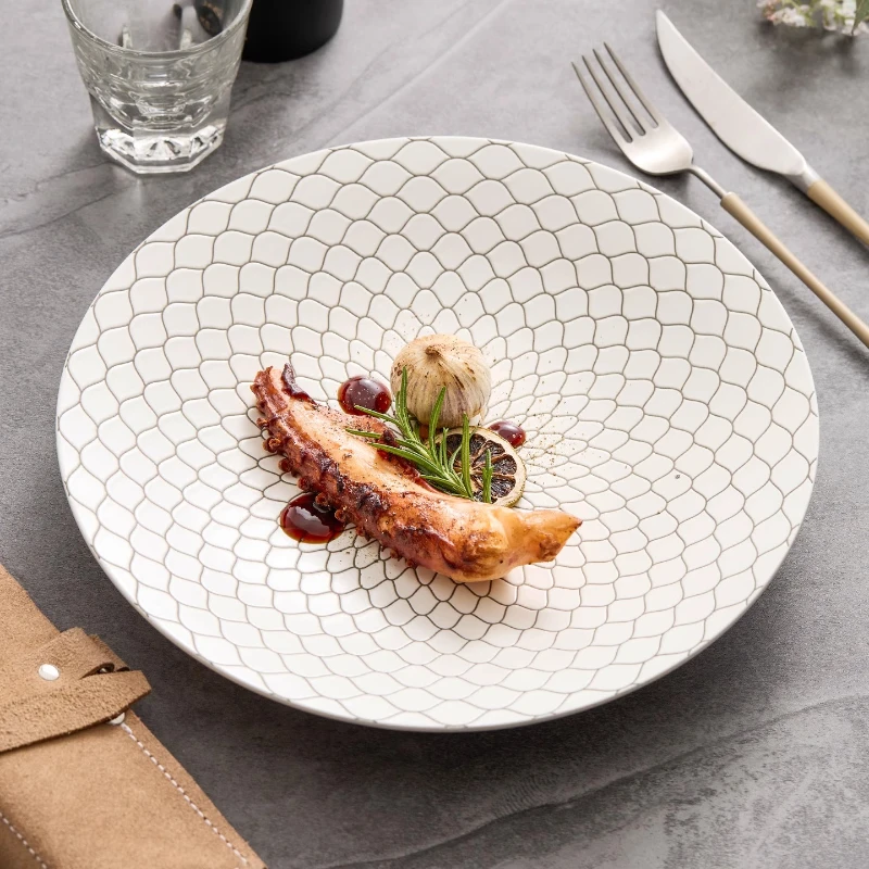Glazed Ceramic Dinner Plate Hotel Tableware Black Line Artistic Conception Dinner Plate Round Soup Plate Special Tableware