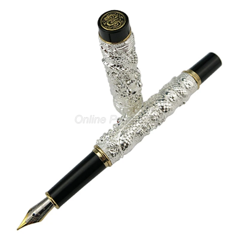 

Jinhao Silver Double Dragon Playing Pearl Embossing Medium Nib Fountain Pen Gold Trim Professional Office Stationery